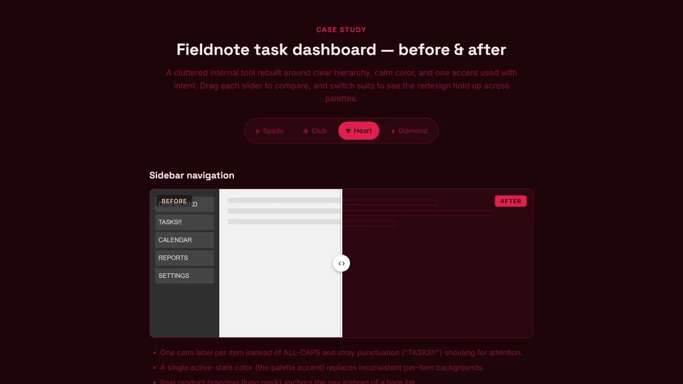 The Fieldnote case study, with a before-and-after slider over the sidebar navigation